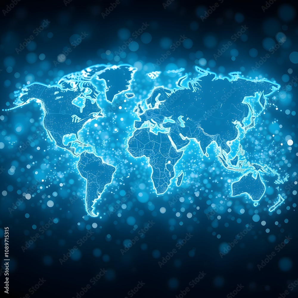 Aufkleber a vibrant and dynamic world map illustrating the concept of global connectivity with glowing particl