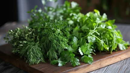 Fresh Herbs Assortment On Wooden Board