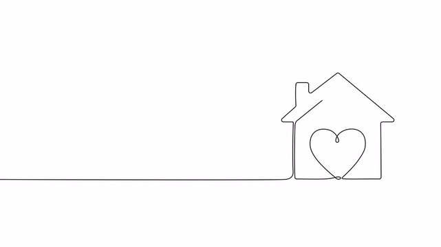 Video. Drawing of a heart in a house drawn with one continuous line . Romantic sign of love. Animation on white background. 4K. Symbol of love for valentine's day.