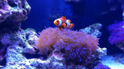 Obraz premium An orange clownfish rests on a purple sea anemone in a vibrant blue aquarium.
