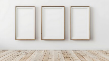 A minimalist display featuring three empty frames on a wooden floor against a white wall, inviting artwork or photos.