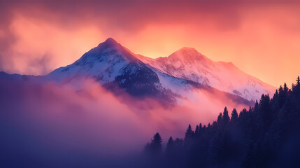Rugged mountain landscape set ablaze with warm, fiery tones as dawn breaks, casting a mystical glow on mist-shrouded valleys and snow-encrusted peaks. Mystical Foggy Valley. Illustration