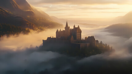 Fototapeta premium Majestic castle emerging from foggy valley at golden hour. Mystical Foggy Valley. Illustration