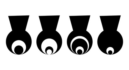  Four Black and White Circular Designs with Concentric Circles and Trapezoidal Tops, Abstract Geometric Art