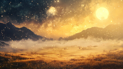 Naklejka premium A mystical sunrise over a golden field with a starry sky and a foggy valley. Mystical Foggy Valley. Illustration