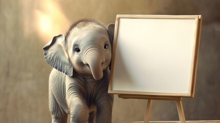 A baby elephant holding a white board