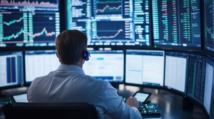 Fototapeta premium Stock Market and Fossil Energy. Trader at Sleek Trading Floor with Multiple Monitors