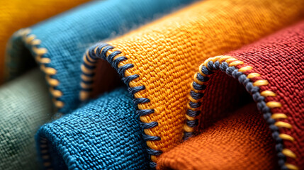 Artistic Close-Up of Overlock Stitching on Colorful Canvas Fabric with Emphasis on Thread and Techniques