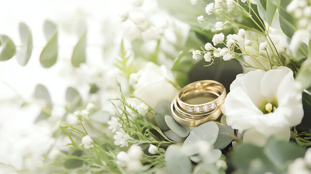 Wedding rings on a background of flowers and eucalyptus