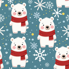 Hand drawn vector seamless
christmas child pattern with cartoon funny
white polar bear cub in red scarf and 
snowflake. 2025 New Year fashion
ornament for fabric, paper, textiles, notepad, packaging.