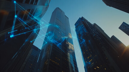 Smart digital Innovation Business skyscrapers in the Financial District with connection network reciprocity over the cityscape. of future smart wireless digital city and social media networking