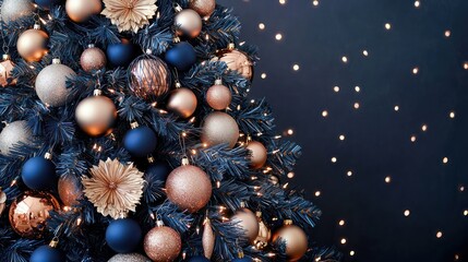 Fototapeta premium Navy blue and rose gold Christmas tree, rich and elegant with subtle overlays