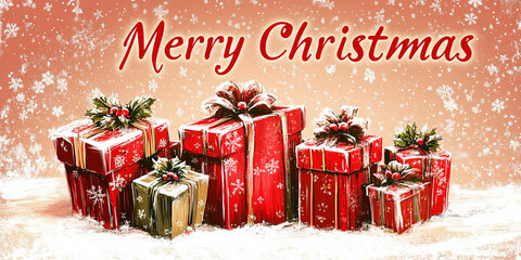 Stylowy baner z dużym napisem Merry Christmas na tle błyszczących prezentów, złotych wstążek i płatków śniegu.