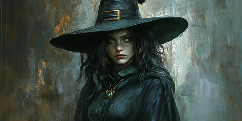 Fototapeta premium Czarownica w pełnym stroju, z kapeluszem o szerokim rondzie i mrocznym uśmiechem.