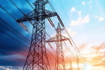 High-voltage power lines and transmission towers at sunrise
