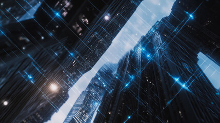 Obraz premium Smart digital Innovation Business skyscrapers in the Financial District with connection network reciprocity over the cityscape. of future smart wireless digital city and social media networking