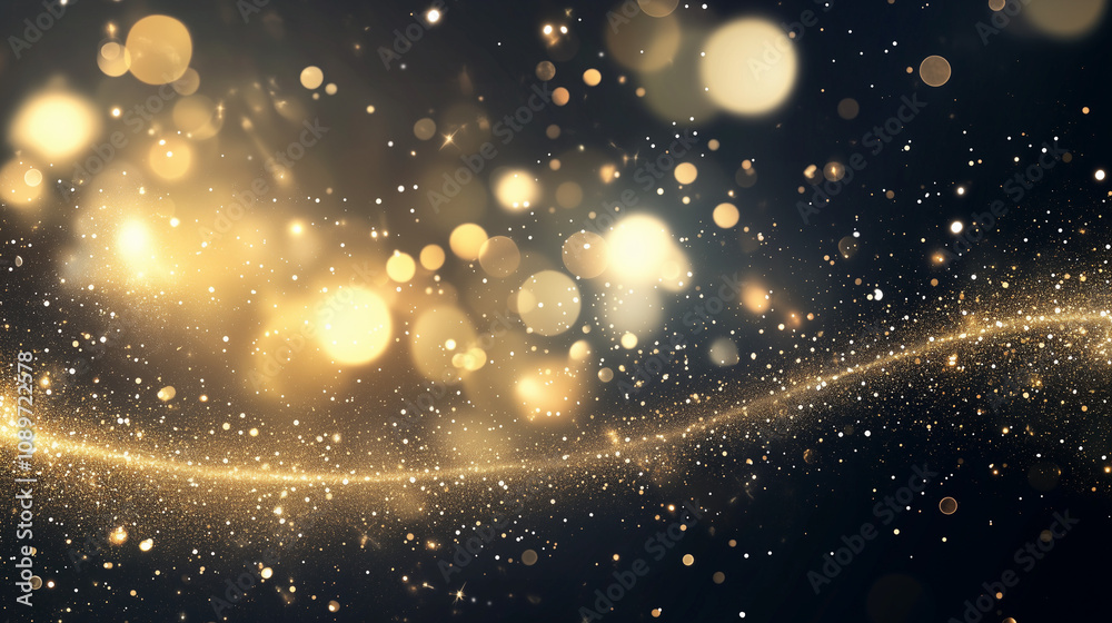Wall mural happy new year abstract shiny gold glitter wave with bokeh design element
