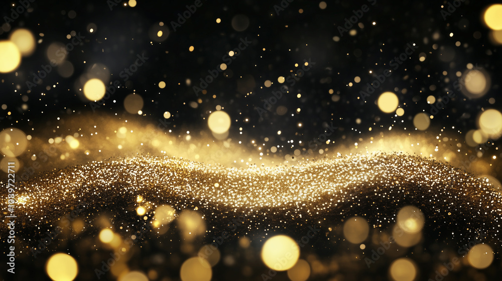 Wall mural happy new year abstract shiny gold glitter wave with bokeh design element