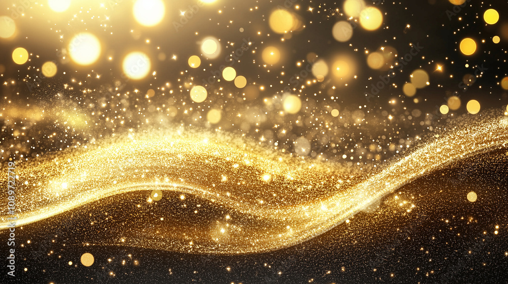 Wall mural happy new year abstract shiny gold glitter wave with bokeh design element
