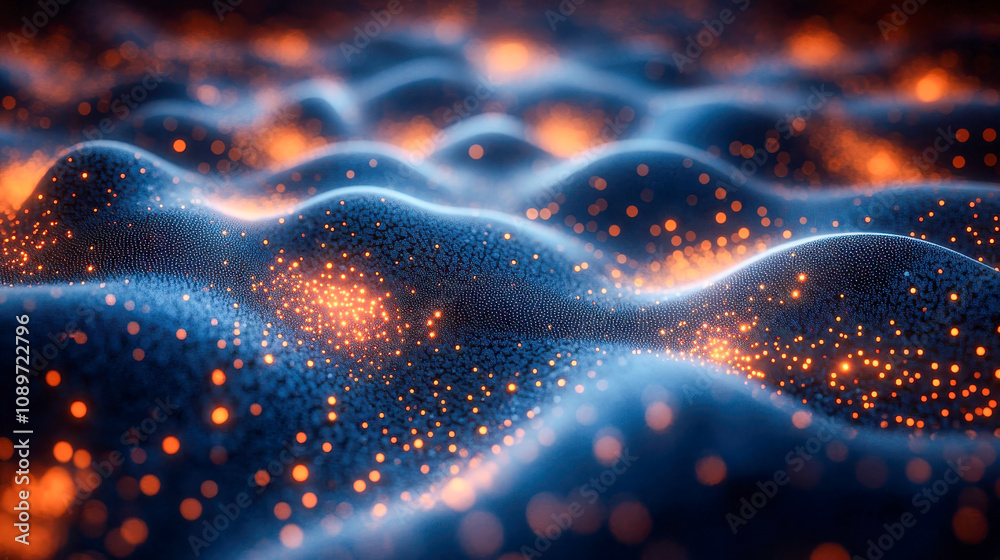 Poster a textured surface with glowing particles, evoking a microscopic view of cells or a data grid in a f