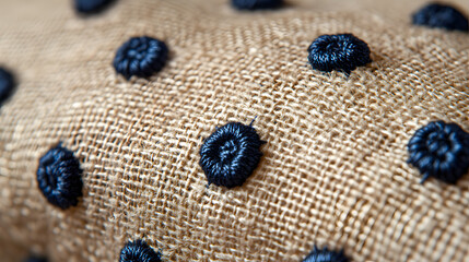 A Detailed Artistic Representation of French Knots Embroidered on Light Beige Linen Showcasing...