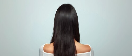 Obraz premium photo capturing the back view of a stunning brunette woman with flowing, sleek hair against a clean