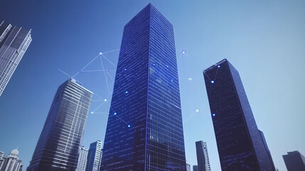 Obraz premium Smart digital Innovation Business skyscrapers in the Financial District with connection network reciprocity over the cityscape. of future smart wireless digital city and social media networking