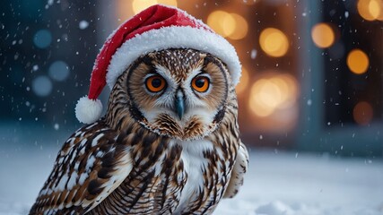Obraz premium A close-up of a festive owl wearing a Santa hat, sitting in the snow with warm bokeh lights creating a magical holiday atmosphere. 