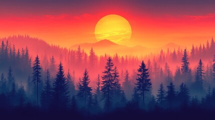 Majestic Sunset Over Misty Mountain Forest Landscape