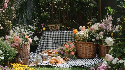 Romantic garden picnic with flowers, pastries, and drinks.