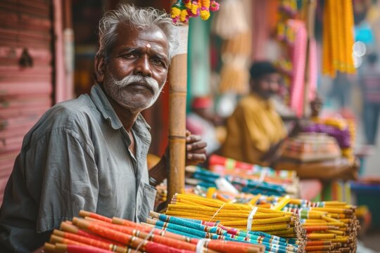 Vibrant Indian Market Scene with Street Vendor Selling Colorful Hand Rolled Bidis