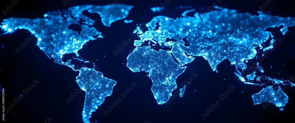 Poster A Captivating Image of a World Map Dissolving and Disappearing into Vibrant Glowing Particles, Ideal for Representing Globalization and Technology Themes