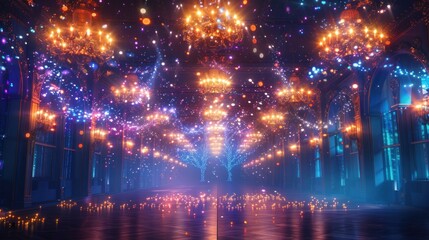 Fototapeta premium A grand hall with glittering chandeliers and magical lights.