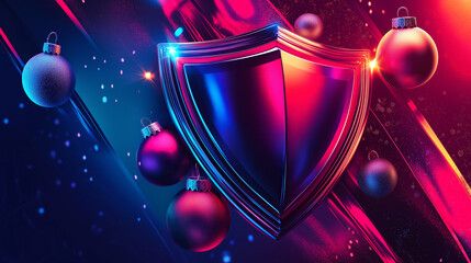 Colorful Abstract Cybersecurity Shield with Christmas Ornaments