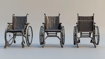 three views,including front biew,side biew,and back view,wheelchair,c4d rending,studio lighting,8K,best picture quality,generative ai