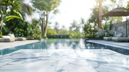 Fototapeta premium A serene poolside view with a marble table, surrounded by lush greenery and lounging areas.