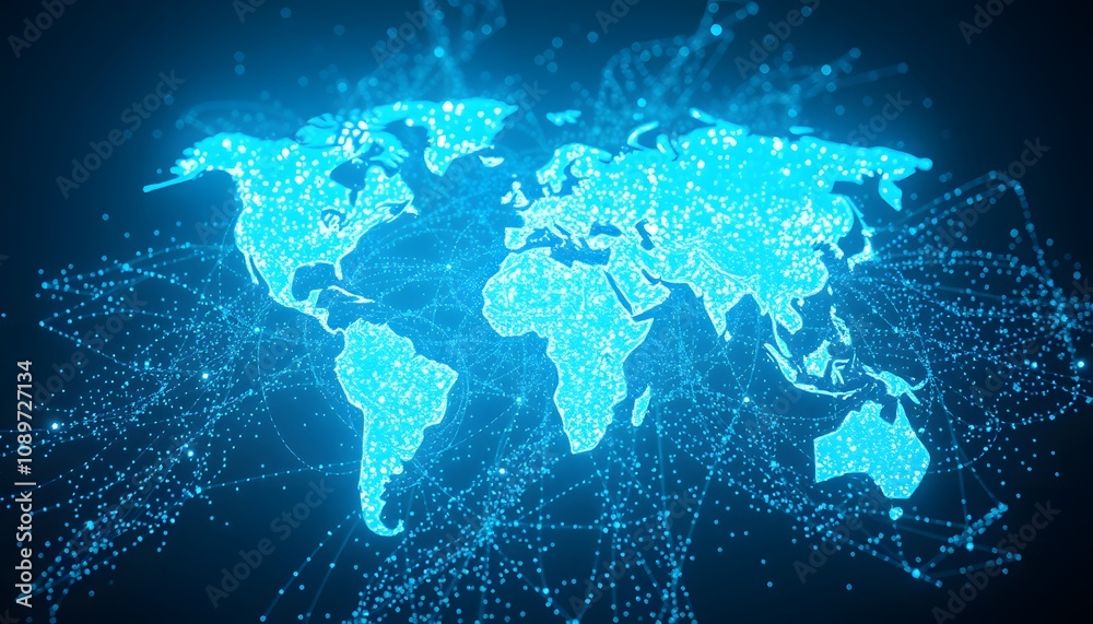 Poster A Vibrant and Dynamic World Map Disintegrating into Glowing Particles - Perfect for Representing Global Connectivity in Digital Presentations