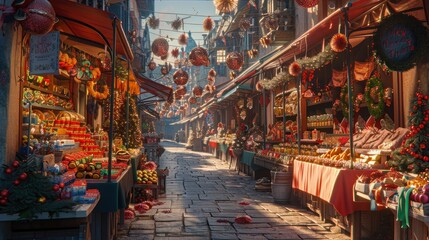 Fototapeta premium A cobblestone street lined with festive Christmas market stalls, decorated with twinkling lights and garlands, creates a magical holiday atmosphere.