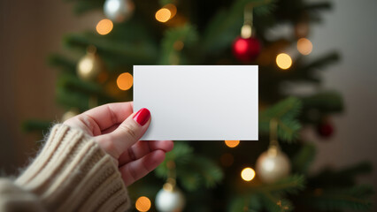 A woman's hand holding a blank white card template, with a Christmas tree on a blurred festive background. Christmas themed photo mockup