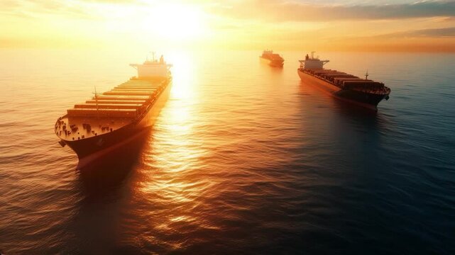 Stunning Aerial View of Cargo Ships at Sunset on Tranquil Ocean Reflecting Golden Light with Soft Waves Creating a Serene Maritime Atmosphere