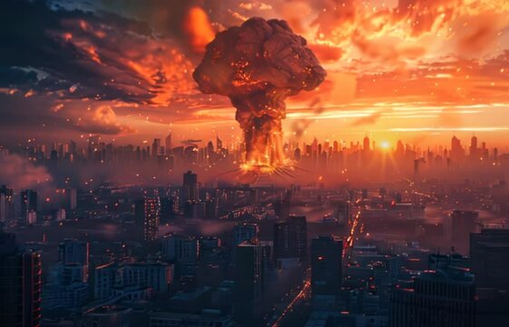 Nuclear explosion in a big city with fire mushroom cloud. Apocalyptic world war atomic bomb blast