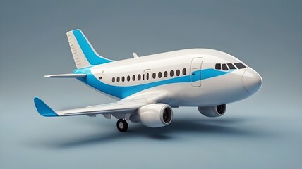 Fototapeta premium Small white and blue passenger airplane model isolated against a muted background represents air travel and aviation concepts.