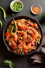 Creole style jambalaya with prawn, smoked sausages and vegetable
