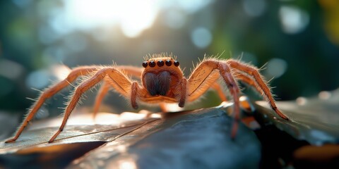 A Huntsman Spider perched on a leaf, its fangs visible as it grooms its front legs