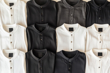 Black and white henley shirts with button details arranged in a grid pattern on a neutral background