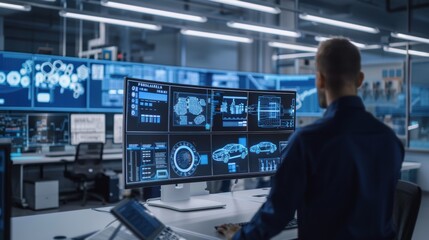Obraz premium Engineers Overseeing High-Tech Automobile Assembly in Modern Factory Control Room