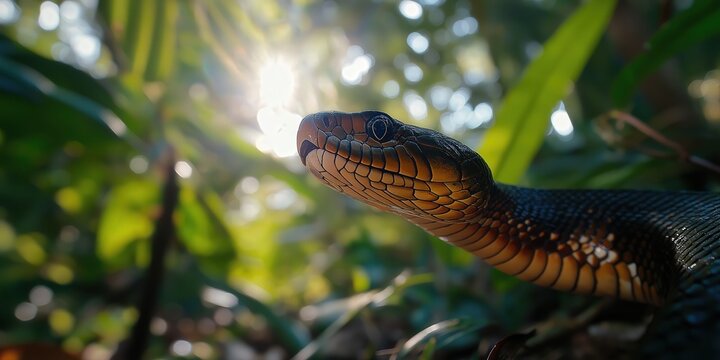 A close-up of a king cobra rearing up in the jungle