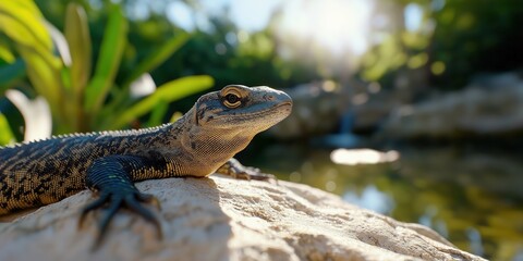 Fototapeta premium A medium shot of a monitor lizard resting on a sunlit rock beside a shallow stream