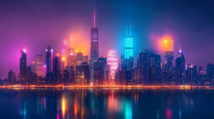 Obraz premium A vibrant city skyline illuminated by colorful lights and reflections on the water, creating a captivating nighttime atmosphere.