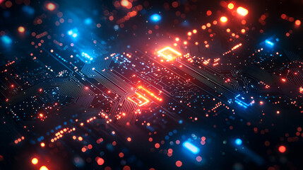 Obraz premium A vibrant abstract representation of digital circuits illuminated by blue and red lights, evoking a futuristic and technological atmosphere.